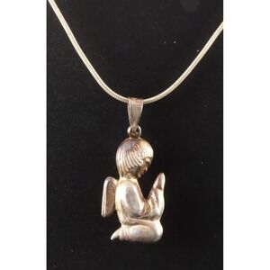 STERLING SILVER Omega Chain Necklace ADORABLE PUFFY PENDANT Child Angel Praying